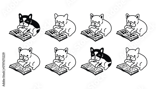 Eight cartoon bulldogs of different colors reading an open book image