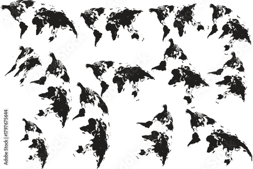 Black and White World Map Illustration Showing Continents in Various Orientations and Arrangements