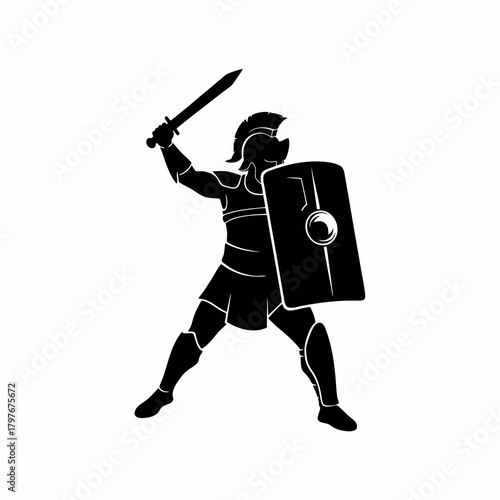 vector silhouette of gladiator with sword and shield on white background