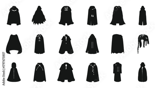Collection of black cloaks and capes with different styles and designs