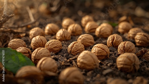 Fototapeta Naklejka Na Ścianę i Meble -  Ripe walnuts scattered on the ground, a fiber-dense choice