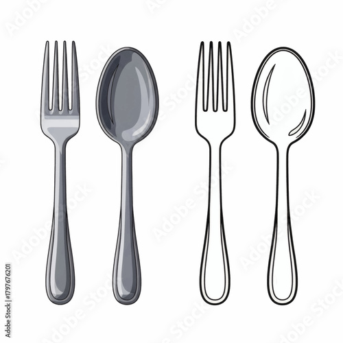 A set of shiny silverware, featuring two forks and two spoons, presented as line art and illustration