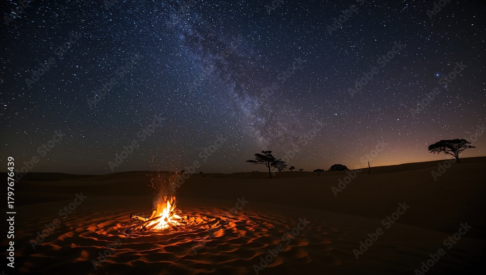 Fototapeta premium Milky Way Shimmers Over a Beach Campfire, evoking a sense of isolation
