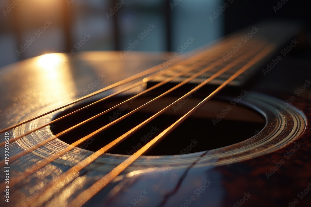 Fototapeta premium A close-up shot of a musical instrument, showing strings, soundhole, and wooden surface