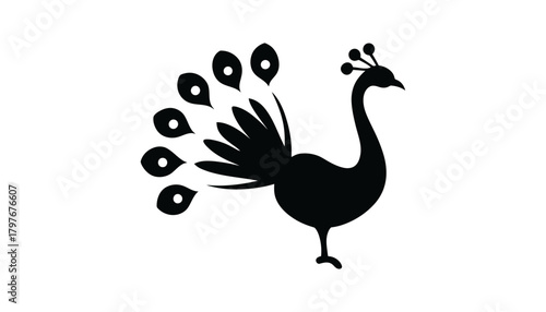 Stylized black peacock with tail feathers on a white background art