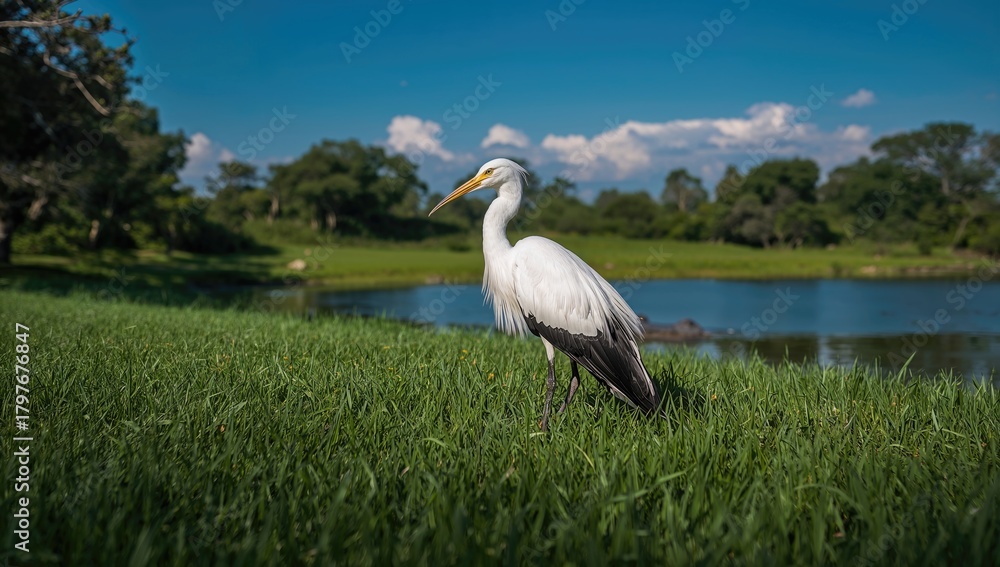 Fototapeta premium White bird perched gracefully, showcasing potential habitat loss