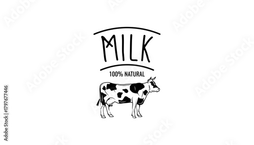 Illustrated milk logo with cow and one hundred percent natural text
