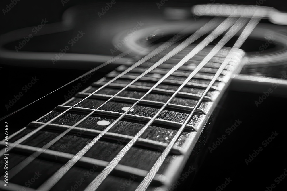 Fototapeta premium Close-up of acoustic guitar strings and fretboard in black and white with shallow depth of field