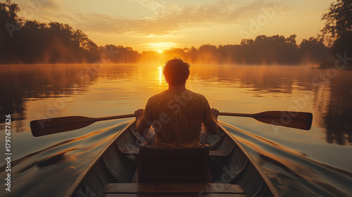 Sunset reflections over a calm lake while canoeing in early morning mist ai, sunset, canoeing, lake, sunrise, mist, calm, water, paddling, nature, tranquility, reflection, morning, silhouette, trees, 