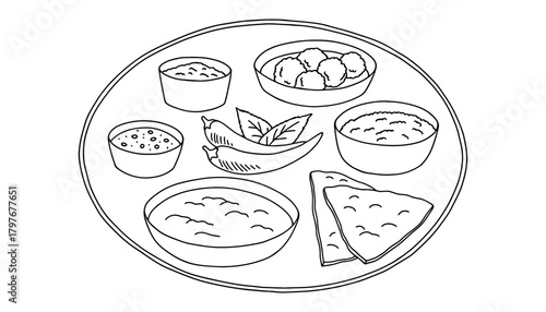 A line drawing of a thali with bowls of food and peppers and flatbread