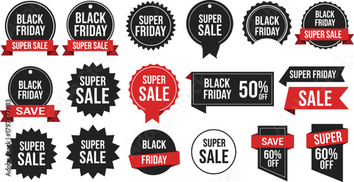 Black Friday and Super Sale label illustration—bold promotional tags with discount text, ribbons, and shapes for seasonal marketing visuals