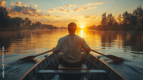 Rowing at sunset on a tranquil river with vibrant colors reflecting on the water ai, river, sunset, rowing, boat, water, reflection, trees, serene, peaceful, nature, outdoor, evening, solo, figure, pa