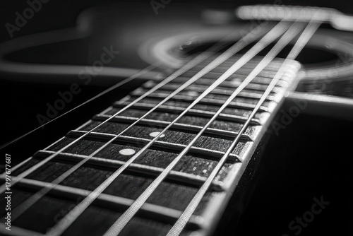 Close-up of acoustic guitar strings and fretboard in black and white with shallow depth of field