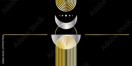 Gold and Silver Art Deco Card. Vintage Luxury Glossy Invitation Background. Abstract Metal Texture Shape icon. Trendy Black Friday Sale Flyer Design. Aesthetic Minimalist Poster Glamour Artwork.