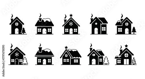 Silhouette Black Minimal Christmas House Icons Vector Set – Cozy Winter Home Symbols, Simple Holiday Graphics, and Seasonal Design Elements