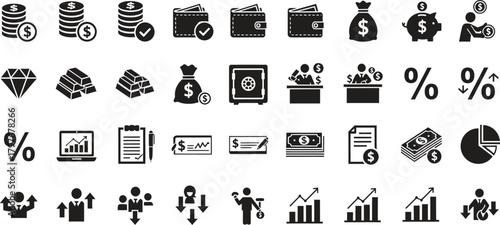 Finance and Investment Vector Icons Set in Black and White Style