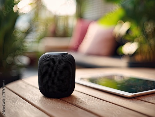 A speaker and tablet sit on a wooden table with blurred greenery in the background