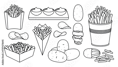 French fries potato chips and dipping sauce line art drawing