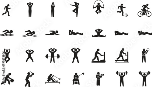 Fitness and exercise icon set showing a variety of sports