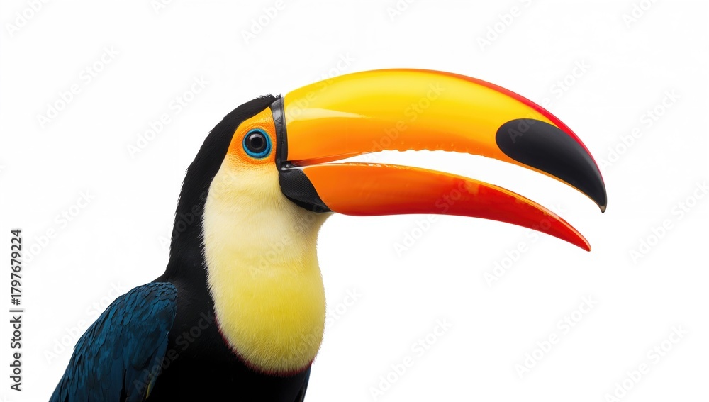 Naklejka premium Ramphastos toucan, beak wide open, displaying vibrant colors, focus on unique features