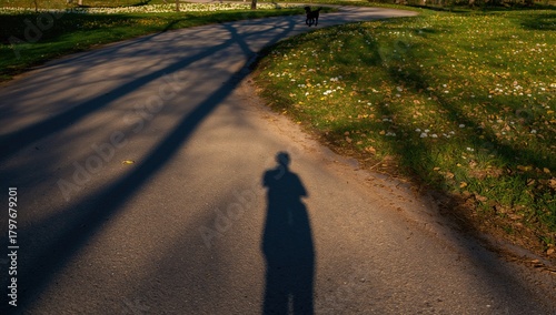 Fototapeta Naklejka Na Ścianę i Meble -  Solitary dog's shadow cast on a park pathway, evoking a sense of isolation