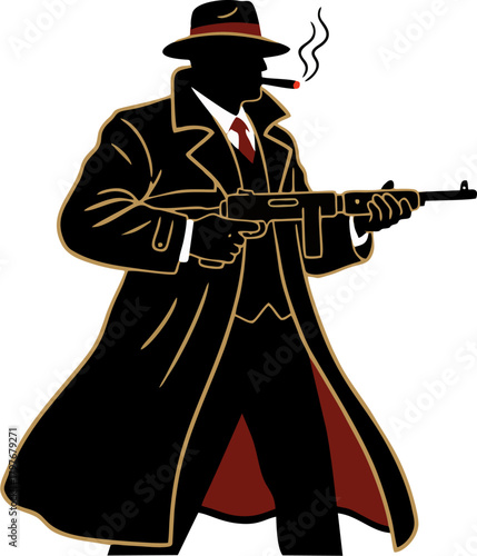 Mafia Gangster with Tommy Gun and Cigar Vector, Classic Trench Coat Mobster with Gold Outline