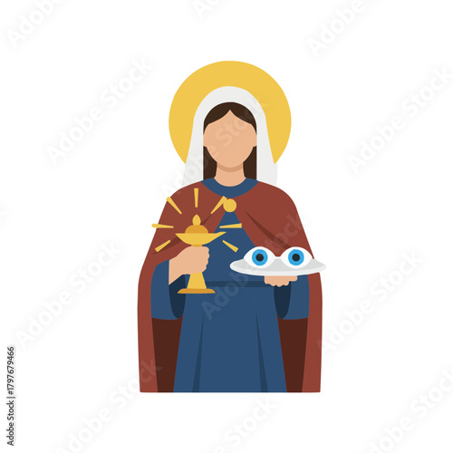 Sacred figure holds chalice and eyes, symbolizing faith and divine sight with a golden halo above