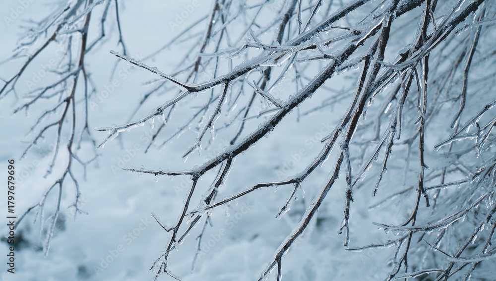 Obraz premium Ice-covered branches in winter scenery, erosion risk