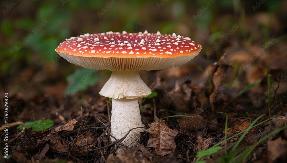 Fototapeta premium Toxic red mushroom, Amanita muscaria, highlighting potential risks of consumption