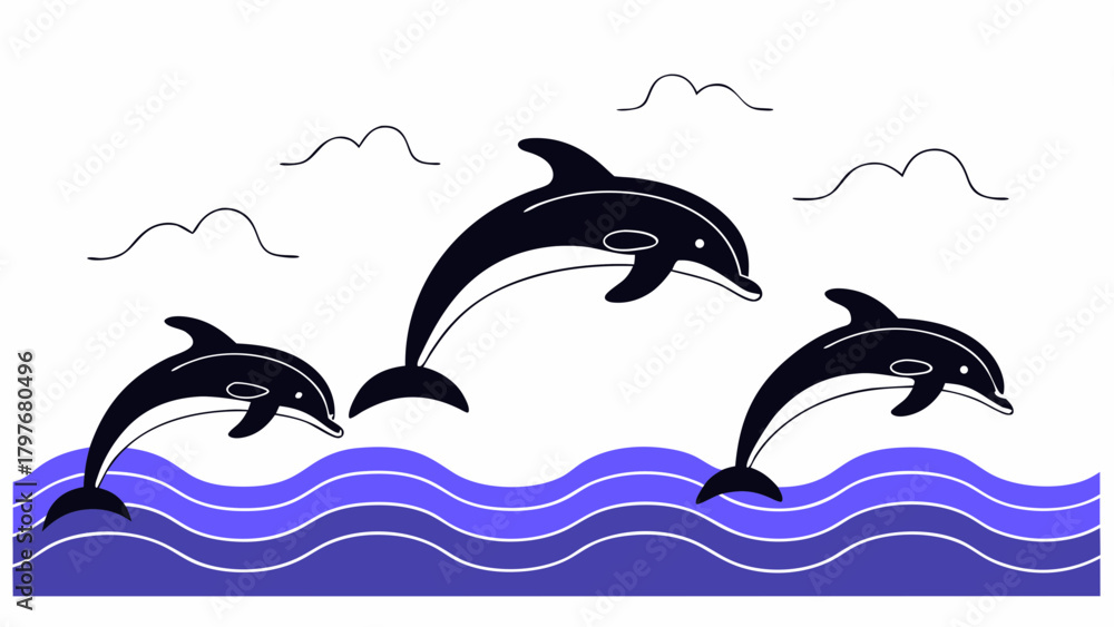 Naklejka premium Three dolphins jumping out of the water with clouds in the background in a simple line drawing