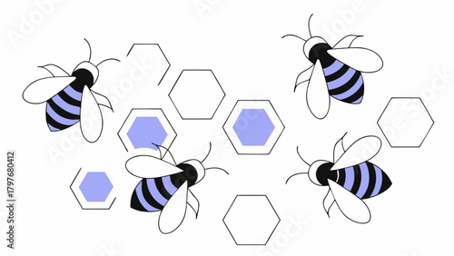 Illustration of four bees flying around a partially constructed honeycomb on a white background view