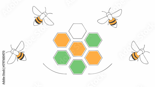 Illustration of bees flying around a honeycomb with orange and green cells and one empty cell