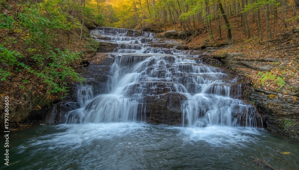Obraz premium Water cascading over rocks in lush greenery, seasonal change