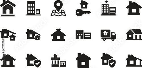 Real Estate Icon Set Featuring Buildings Houses and Related Symbols