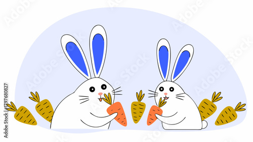 Two adorable white bunnies with blue ears are happily eating orange carrots on a light blue background