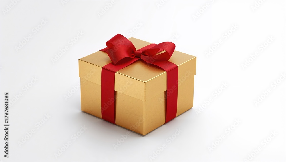 Fototapeta premium Gold gift box adorned with a red ribbon on a white surface, an ideal choice for festive gifting
