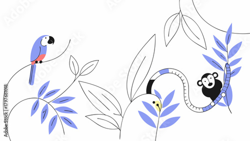 Illustration featuring a parrot on a branch, a monkey on a vine, and tropical leaves design