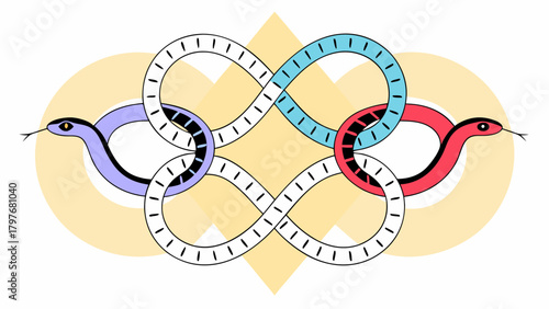 Intertwined snakes forming an infinity symbol with a yellow background design element behind them