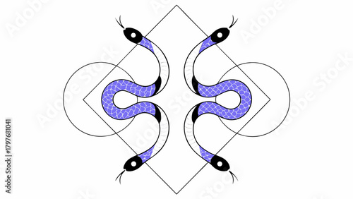 Symmetrical arrangement of four snakes with purple scales inside a diamond and circular design