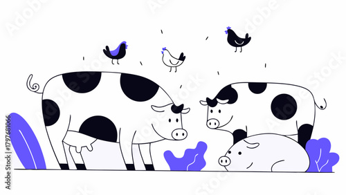 Cartoon farm scene with cows pigs and chickens in a simple black and white and purple design style