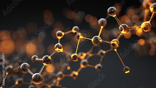 Fototapeta Naklejka Na Ścianę i Meble -  Close-up view of a glowing molecular structure with spheres connected by thin lines, dark background