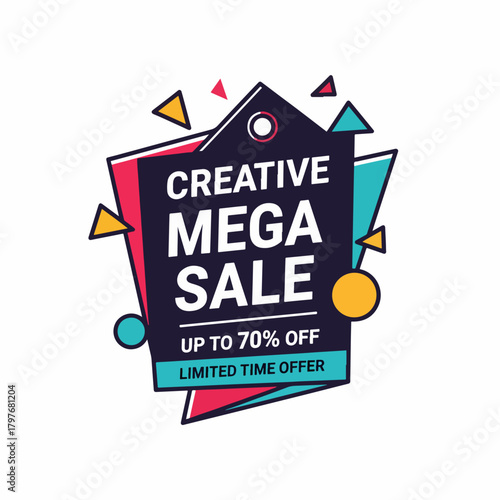 Super Sale and special offer. Vector illustration. Trendy neon geometric figures wallpaper in a modern material design style.Coloured banner