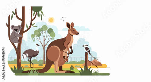 Australian Wildlife Scene With Kangaroo Koala And Other Native Animals