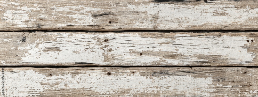 Naklejka premium Close-up of weathered wooden planks, with peeling white paint revealing natural wood grain and imperfections