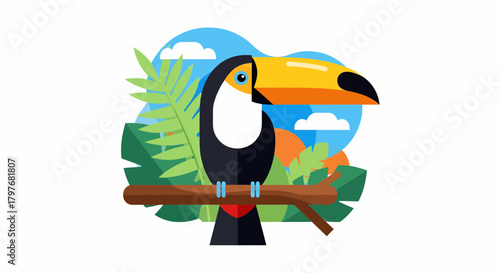 Colorful Toucan Bird Vector Illustration On The Jungle Background