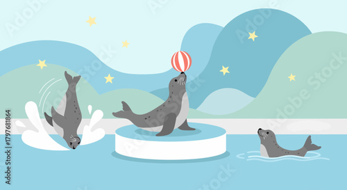 Cute Seals Performing In Circus Show Cartoon Illustration