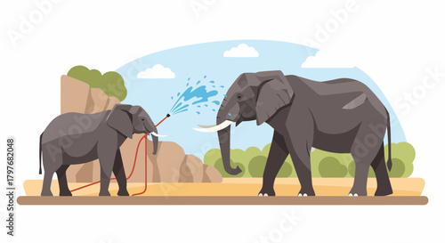 Elephant Family Bathing With Hose in an African Landscape Illustration