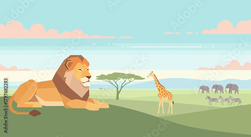 Graphic Animals On The African Savannah In Geometric Style