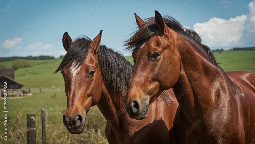 Obraz premium Two horses in a rural setting, emphasizing livestock farming practices