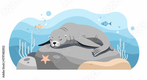 Sea Lion Sleeping On Rock In Ocean Cartoon Illustration